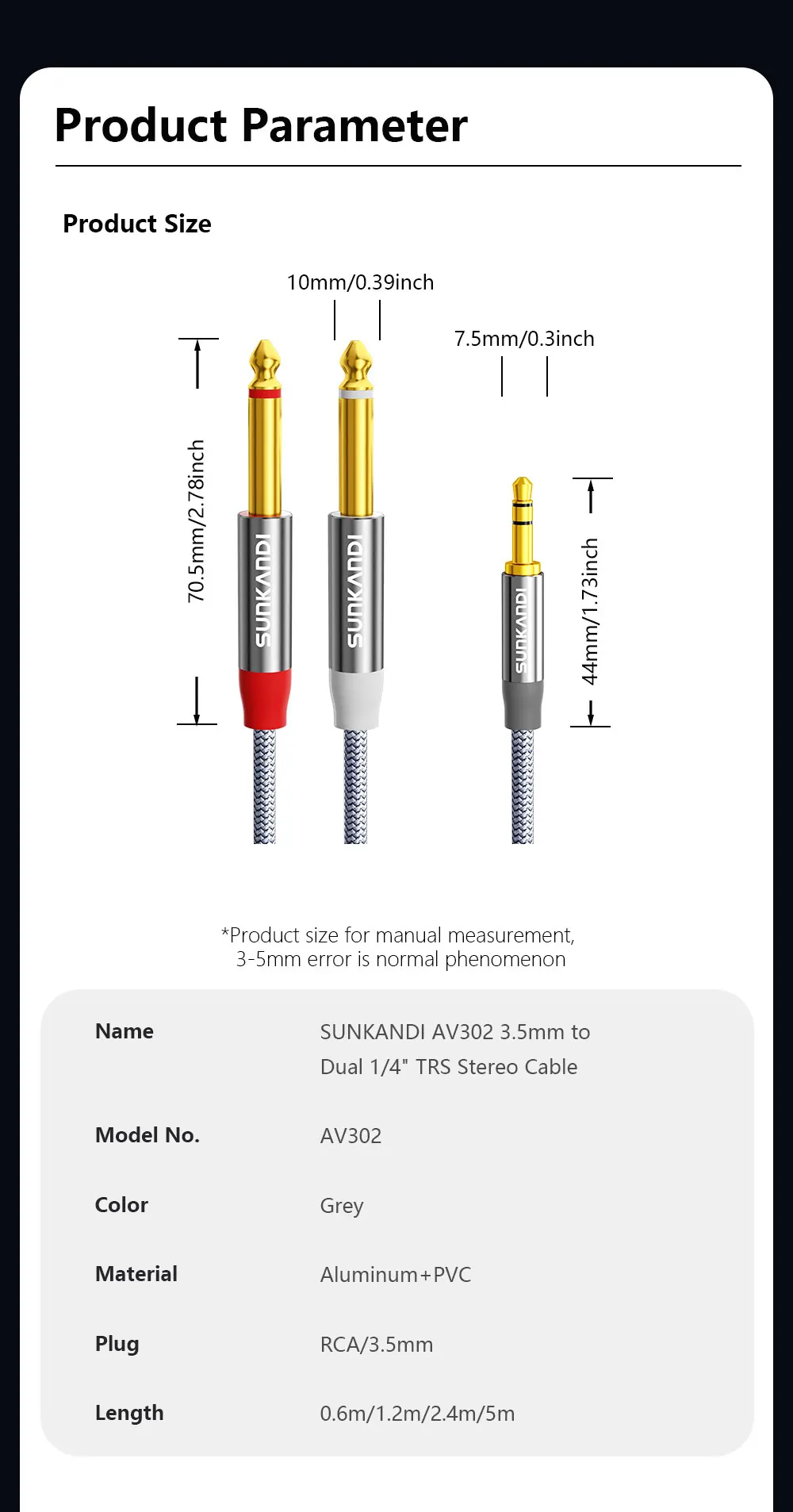 SUNKANDI 1/8 to 1/4 Audio Cable, 3.5mm TRS to Dual 6.35mm 1/4 TS Mono Y Splitter Audio Cord Adapter for PC, Home Stereo System