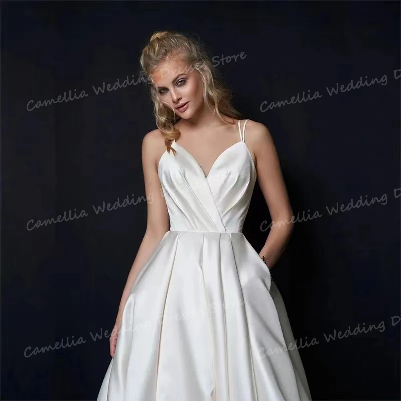 Simple Split Wedding Dresses A Line Sexy Spaghetti Straps Women's Bridal Gowns V Neck Backless Sleeveless Pleat Satin Vestidos