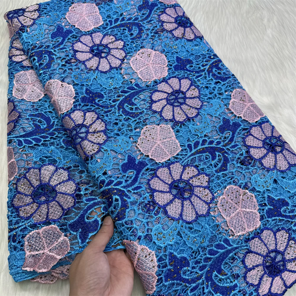 Blue Latest African Guipure Sequins Cord Lace Fabric 2024 High Quality Water Soluble Nigeria Fabrics For Sewing Women Wedding