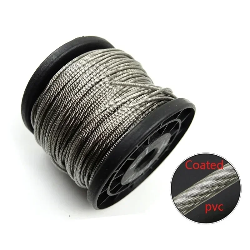 50 meters 0.5-3mm PVC Coated Flexible Steel Stranded Wire Rope Soft Cable Transparent Stainless Steel Clothesline