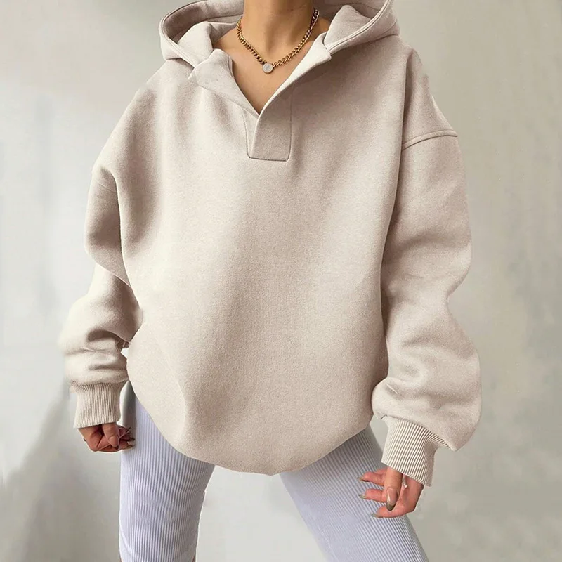 

New Fashion Casual American Women's Sweatshirt Solid Color Long Sleeved Hooded Sweatshirt Loose Size Fashion Women's Wear