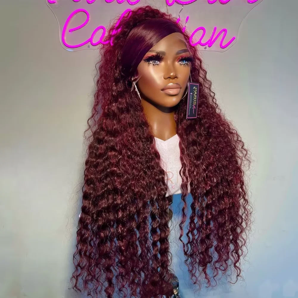 Glueless Soft Preplucked 99j Burgundy Color 26Inch Long 180Density Lace Front Wig For Women Synthetic Kinky Curly With Baby Hair