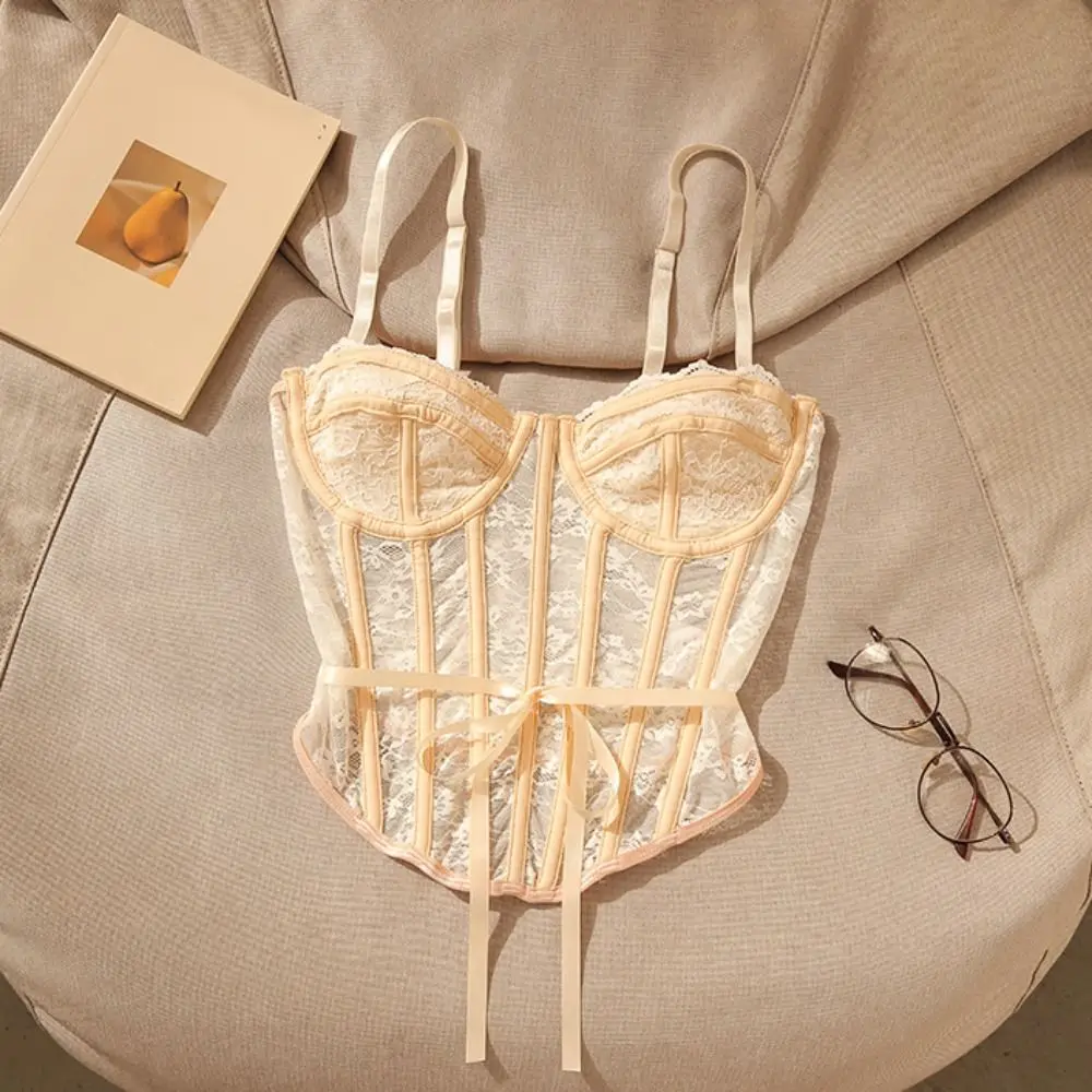 

Ins Fashion Spicy Girl Lace Camisole Fish Bone Wrapped Transparent Crop Tops Streetwear Tanks Suspender Vest Spring Summer