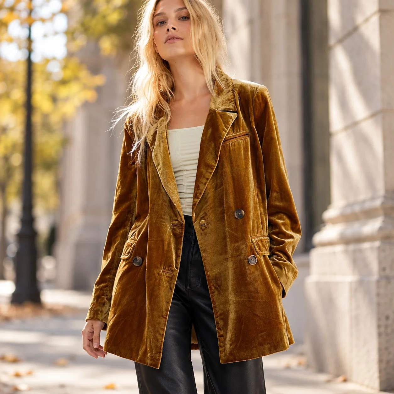 Patchwork Loose Fit Coat Mid Length Elegant Commuting with Pocket Detail Split Hem Blazer Notched Lapel Women Autumn Coat