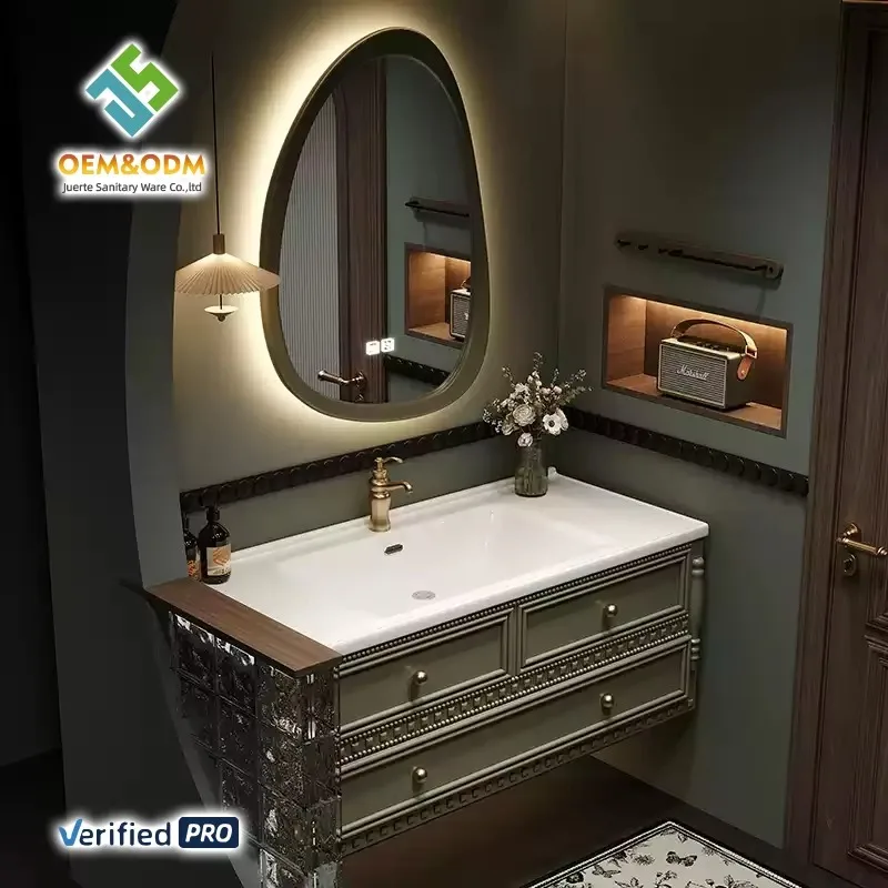 OEM Modern Solid Wood Bathroom Vanity Table Cabinet With Mirror Copper Drainer Wall-Mounted Ceramic Basin Faucet For Dining