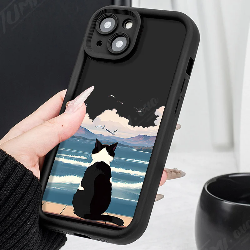 Funda protectora de silicona a prueba de golpes con diseño de gato bonito Watching the Sea para iPhone 14 15 Pro Max 13 12 11 X XS XR 7 8 Plus SE 2020