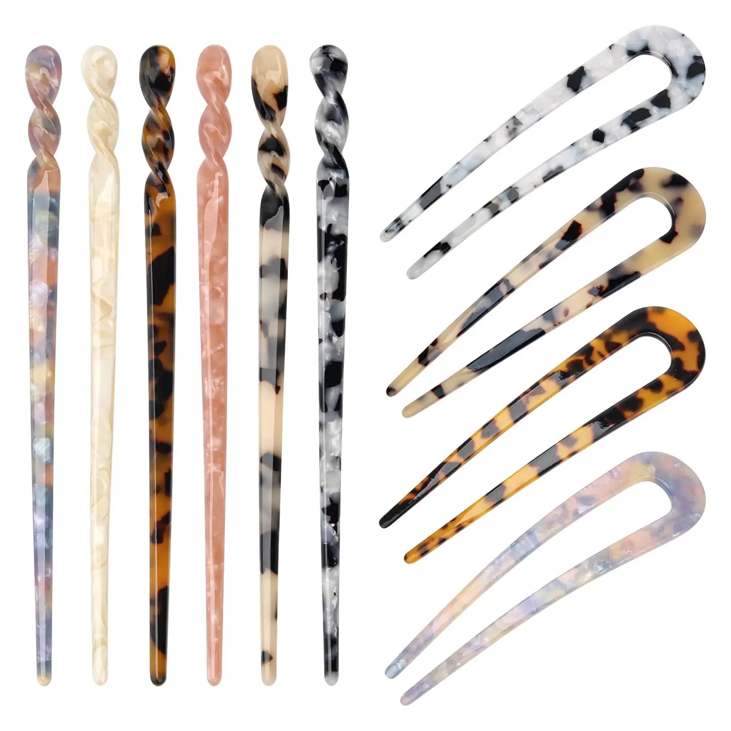 

10 Acetate Hair Sticks Set, 6 Straight & 4 U-Shaped, Tortoise Shell Design, Vintage French Hair Forks for Women