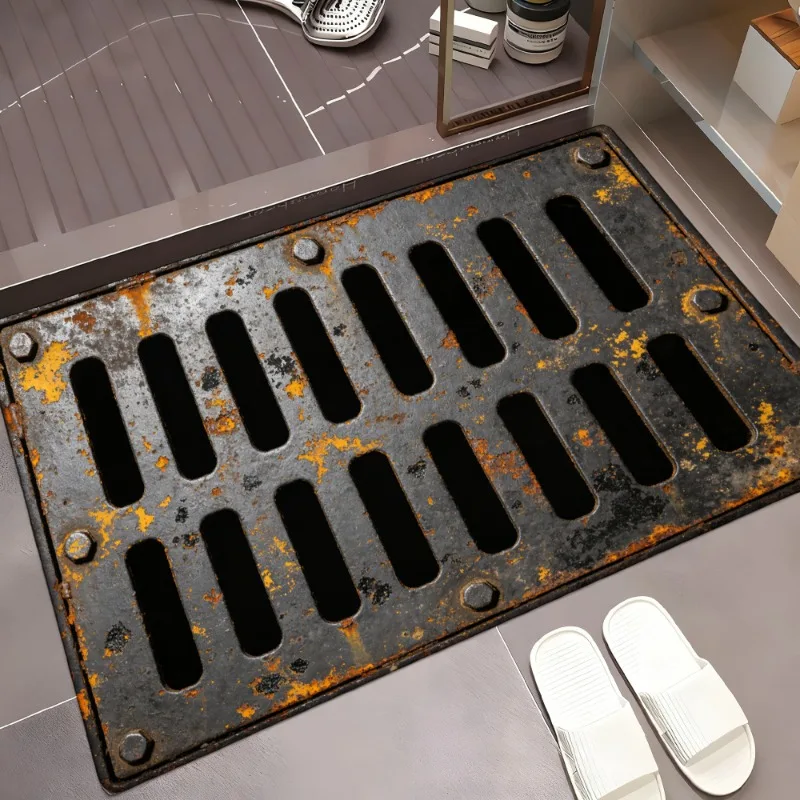 Vintage Rusty Metal Drain Grate 3D Pattern Flannel Doormat Non Slip Floor Mat Industrial Style Washable Household Entrance Decor