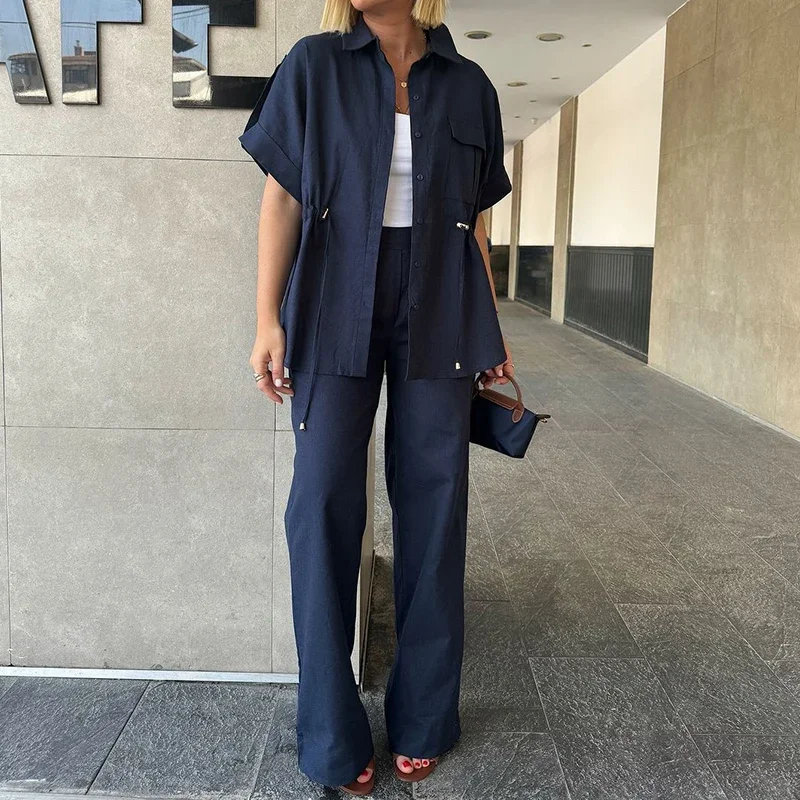 Chic Casual Pocket Short Sleeve Wide Leg Suit Women Elegant Lapel Button Shirt & Pant Set Office Fashion Drawstring Style Outfit