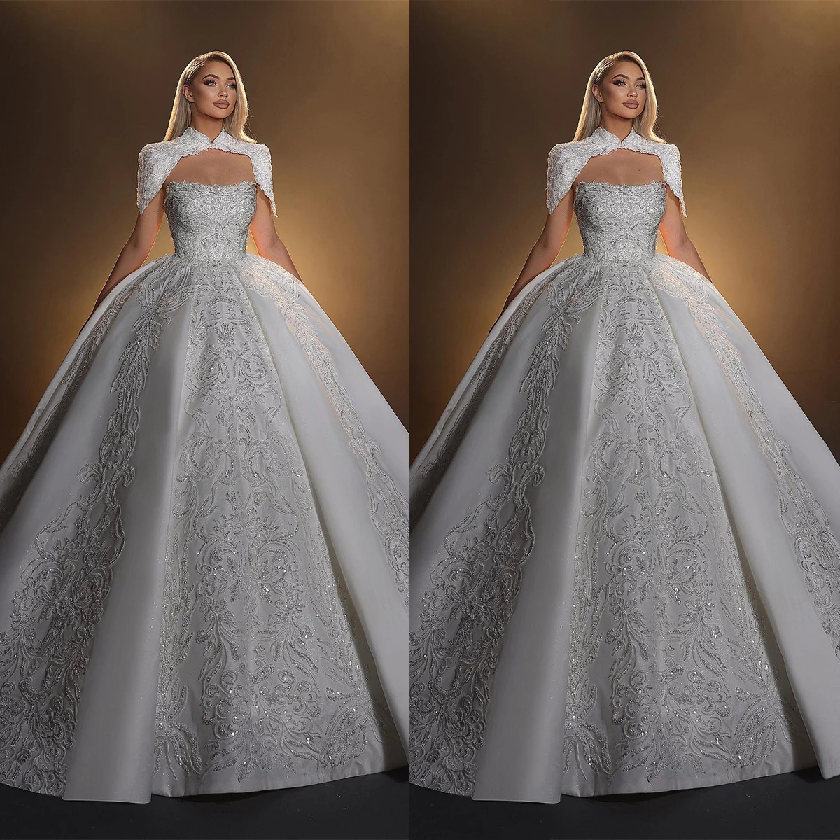 

Ball Gown Wedding Dresses Sleeveless Bateau Sequins 3D Lace Appliques Ruffles Beads Jacket Zipper Bridal Gowns Vestina De Novia