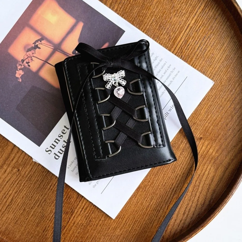 Korean Style Balletcore Three Fold Wallet Silk Ribbon Short Bow Cash Purse Bag Heart Crystal PU Leather
