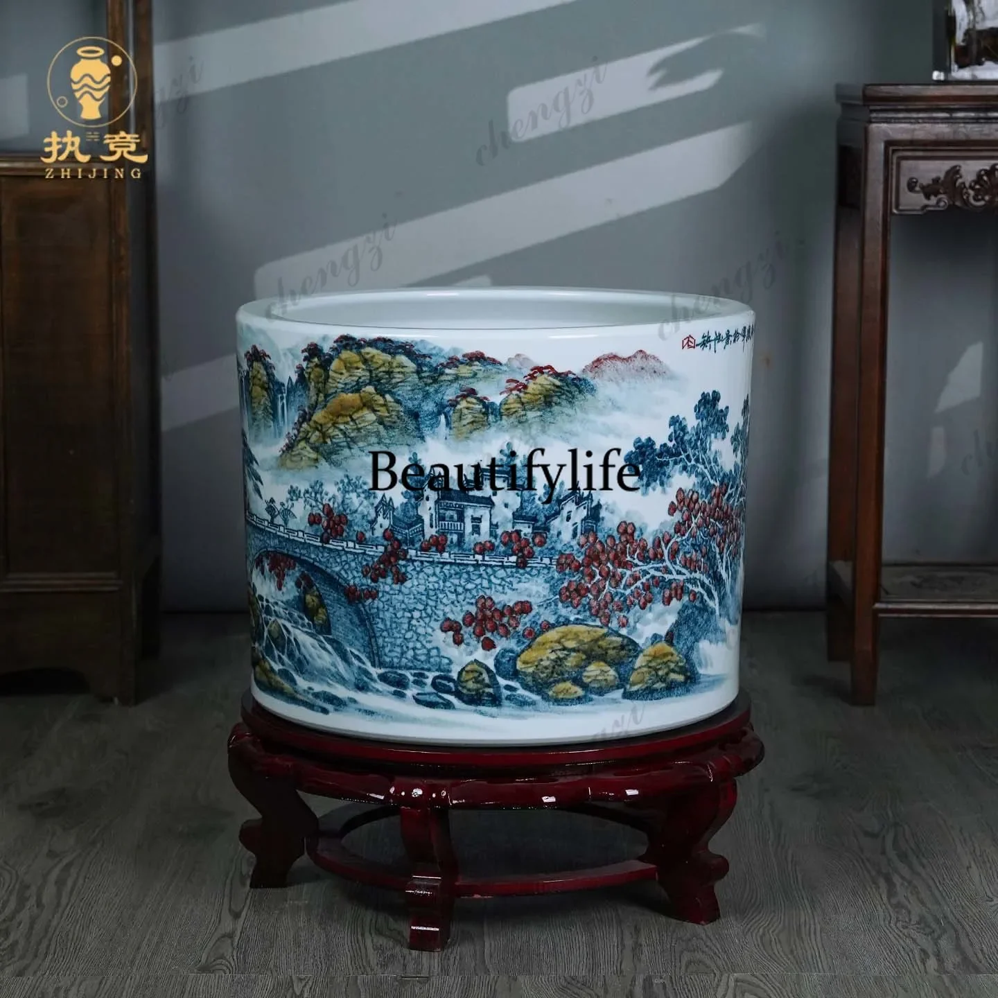 D136 Hand-painted painting and calligraphy cylinder Ceramic Floor-to-ceiling ornament Calligraphy and painting storage cylinder