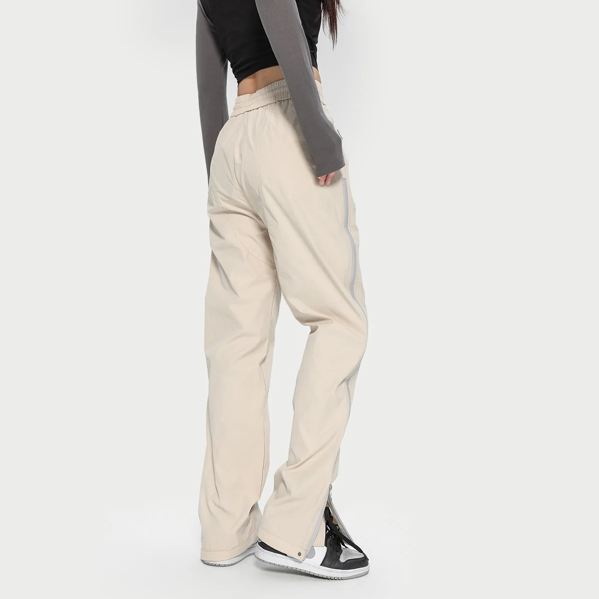 กางเกงลำลองทรงตรงสไตล์อเมริกัน ยี่ห้อแฟชั่น รุ่น Y2K สำหรับผู้หญิง มีซิปที่ปลายขา ดีไซน์บางเบา มีเชือกผูก รุ่นทันสมัย