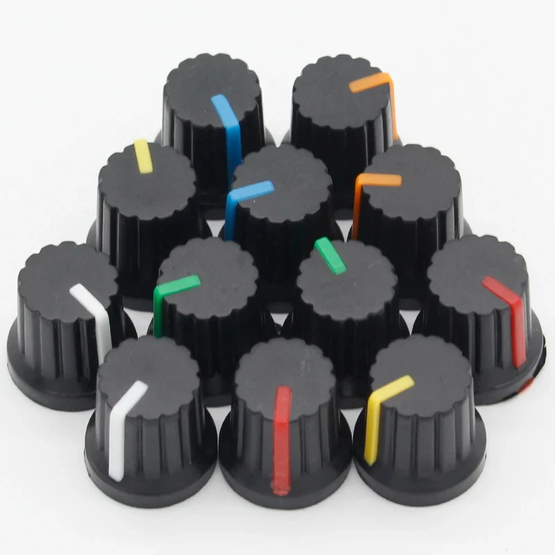 12 Pcs WH148 6mm Shaft Hole Dia Plastic Threaded Knurled Potentiometer Knobs Caps 5 colors Yellow Orange Blue White Red
