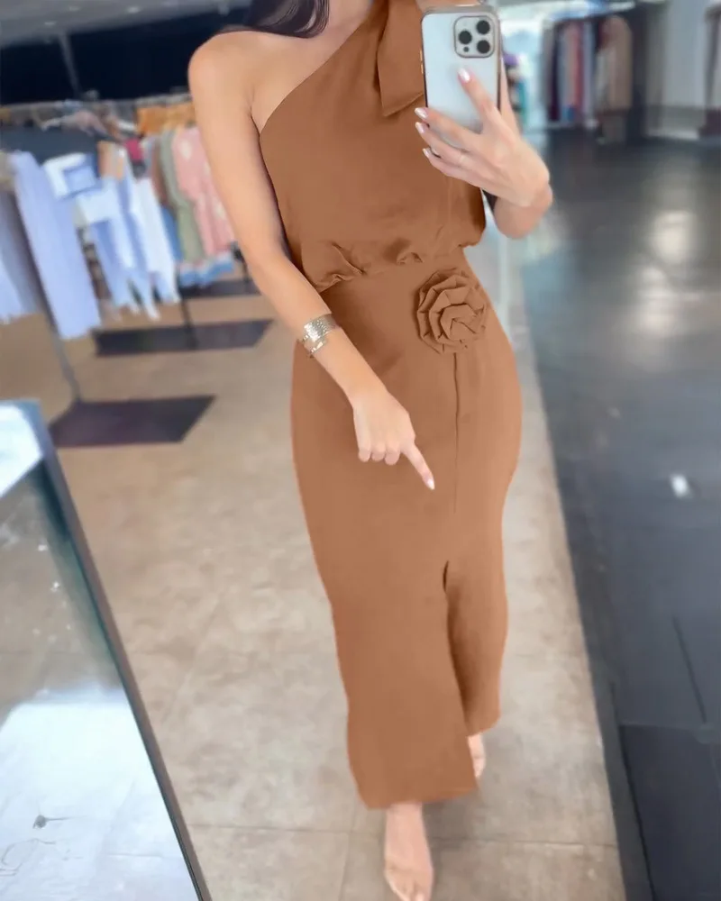 Summer Women 2 Pieces Outfit One Shoulder Sleeveless Elastic Hem Crop Top and Appliques Flower Decor High Waist Slit Dress Set