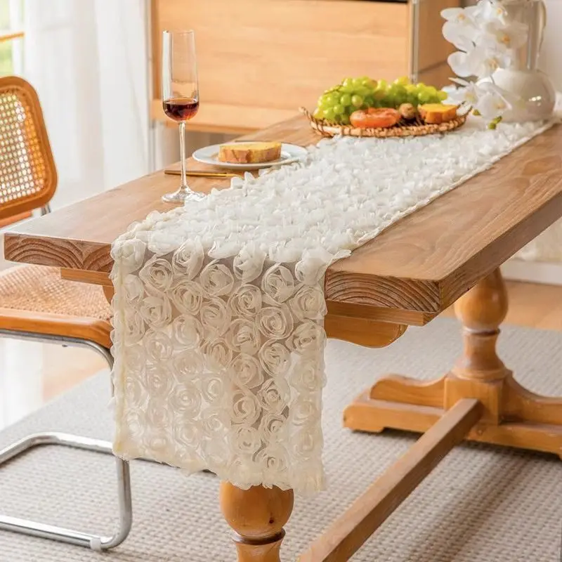 French romantic white lace table runner vivid rose gauze wedding table decoration photography prop long table mat tablecloth