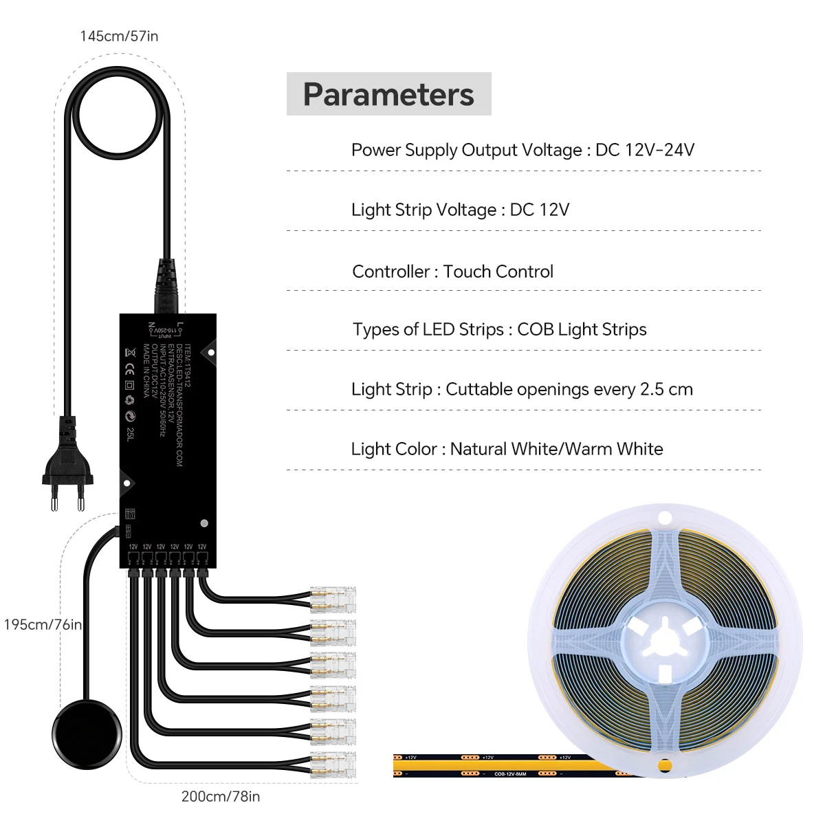 Cuttable COB LED Strip Light With Touch Sensor Dimmer Switch Custom Length DIY Display Cabinet Shelf Wall Panel Lamp