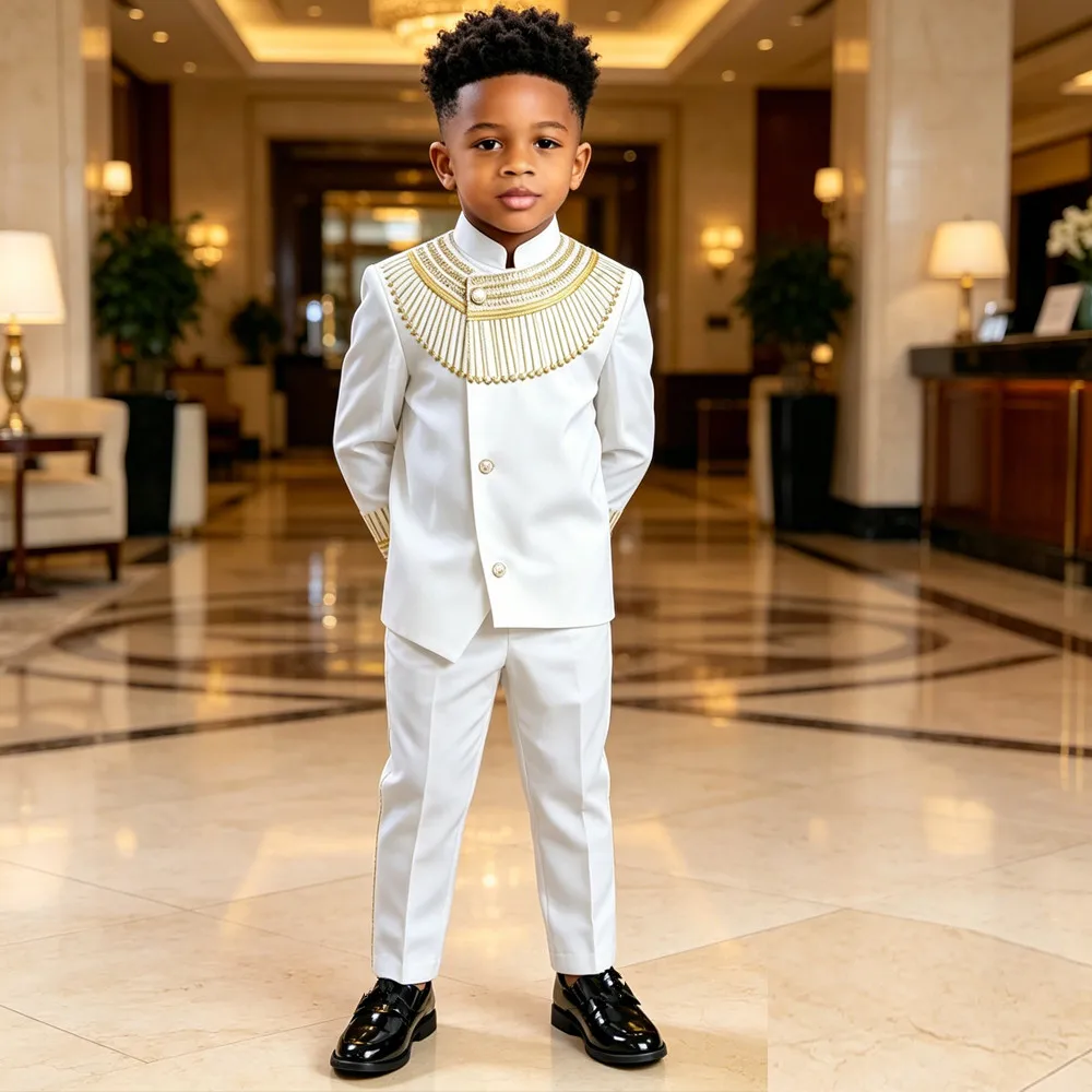 

African Clothes for Button Embroidery Top and Pant Sets Kids Boy Suits Ankara Dashiki Jacket Kids Wedding Children Outfits 2PCS
