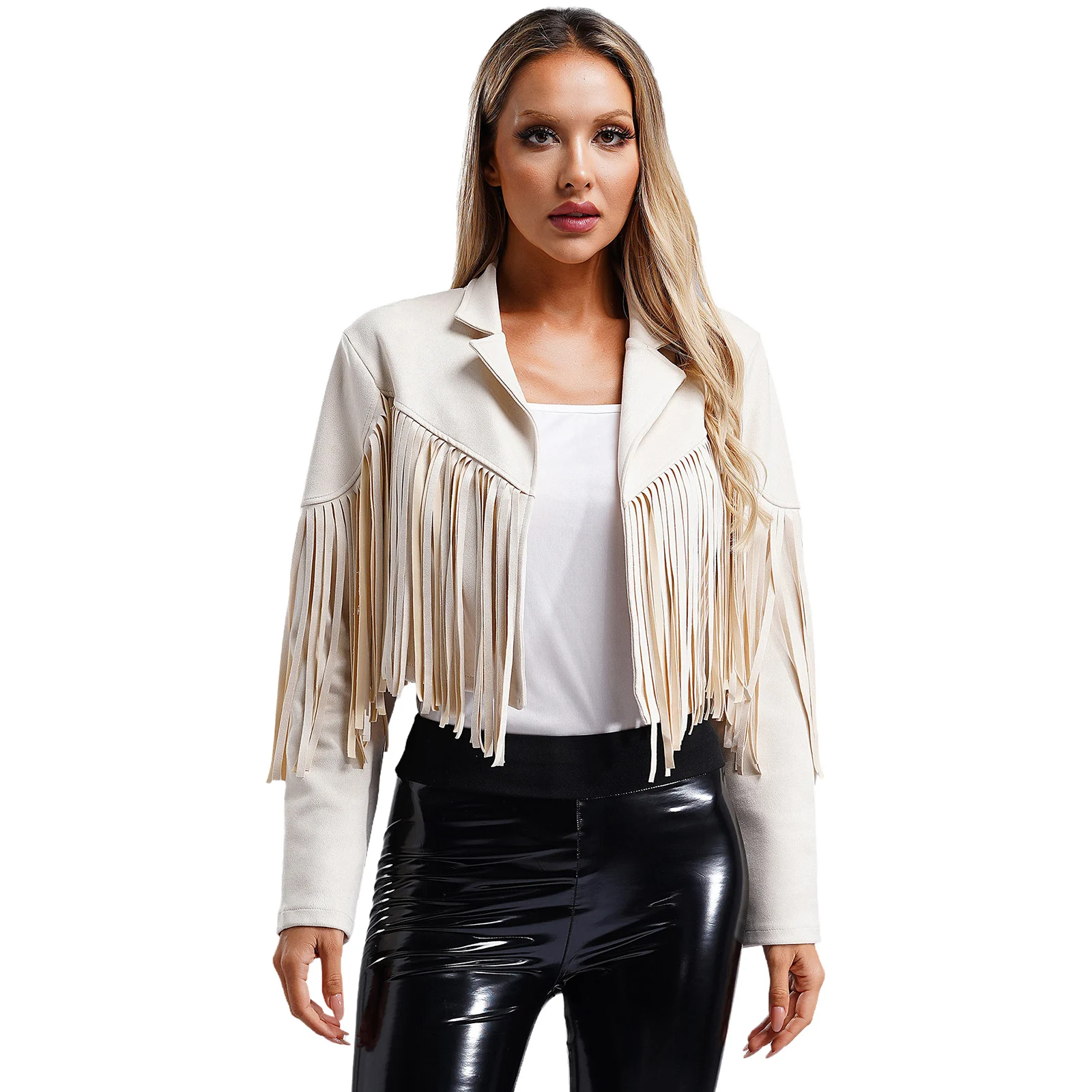 Womens 80s Hippie Vintage Fringe Cropped Jackets Western Cowgirl Costume Long Sleeve Faux Suede Cardigan Coat Carnivals Clubwear