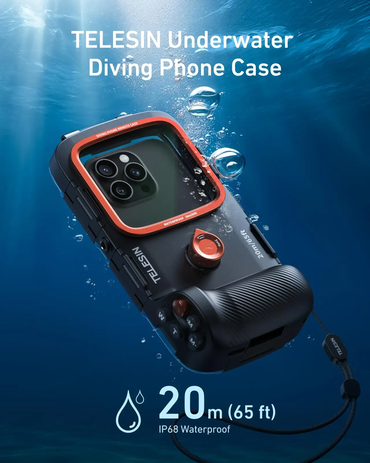 

TELESIN 20M/65ft Underwater Diving Phone Waterproof Case Universal Photo & Video Diving Handle Grip for 5.4-6.9 Inch Phones