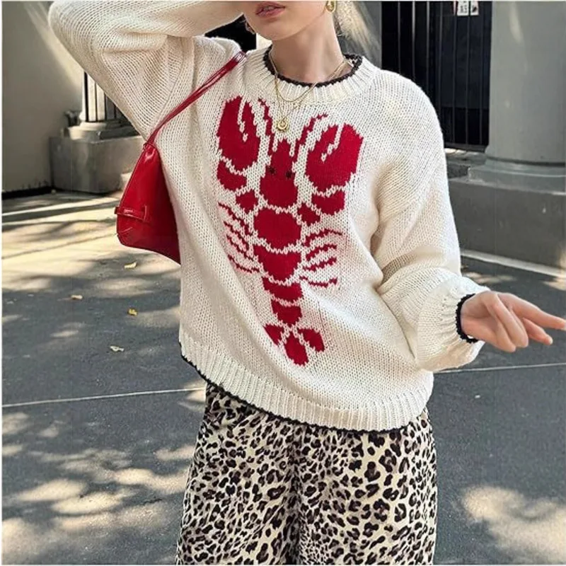 

Winter White Long Sleeve Print Sweater Women's Casual Commuting Personality Street Comfortable Versatile Daily Sweater Pullover