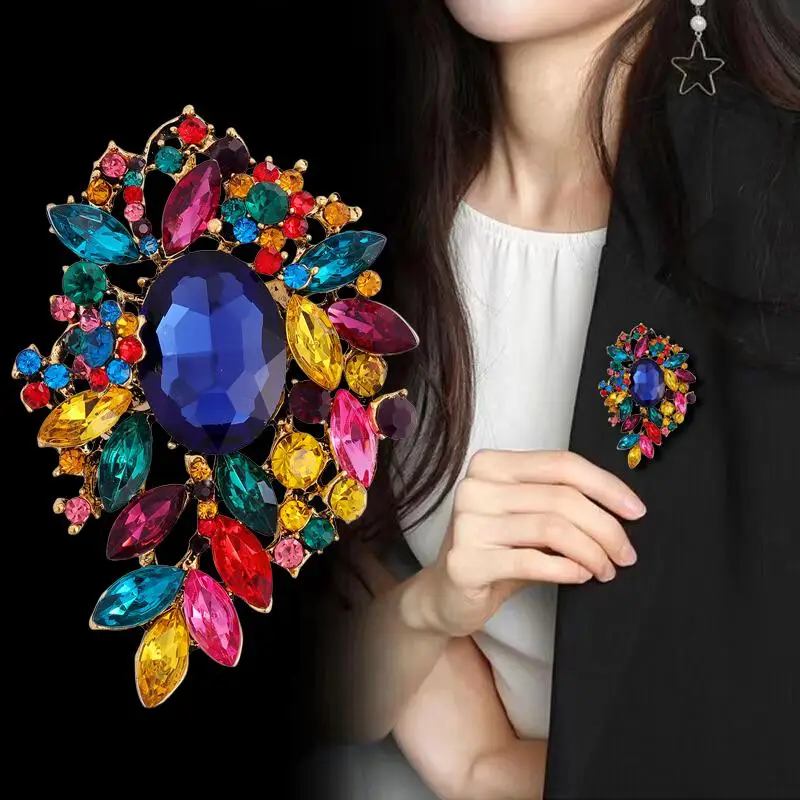 Luxury Full Crystal Exaggerated Broocch For Women Men Elegant Rhinestone Waterdrop Pin Lady Clothing Coat Corsages Accessories