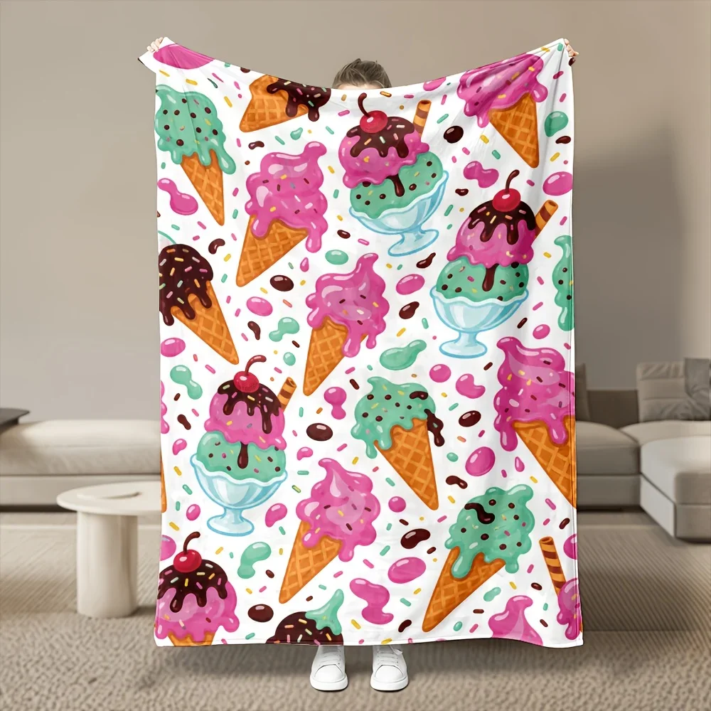 1pc Colorful Ice Cream Pattern Flannel Blanket, Premium Ultra Soft Warm Cozy Comfort,Machine Washable Easy Care