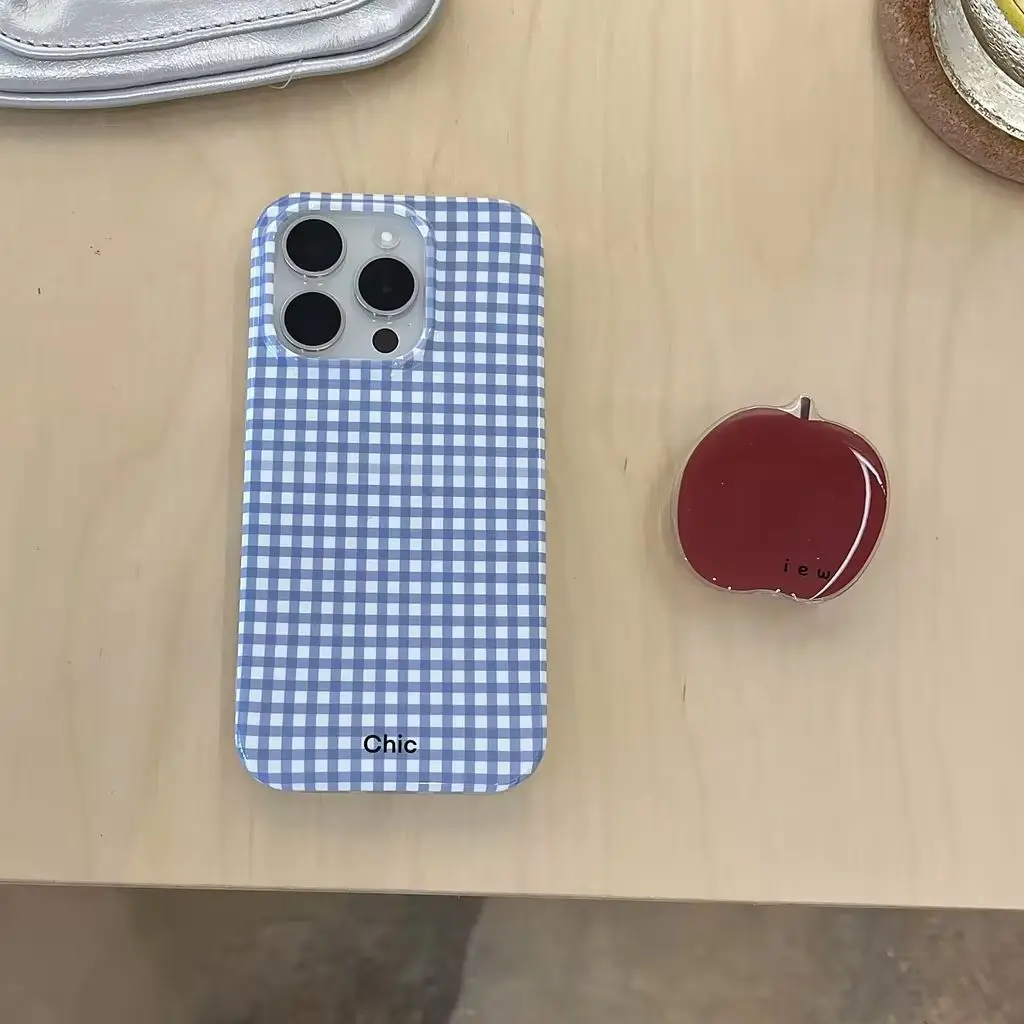 Blue Plaid Red Apple With Holder Shockproof Protective Phone Cover Case For iPhone 15 14 13 12 11 Pro Max