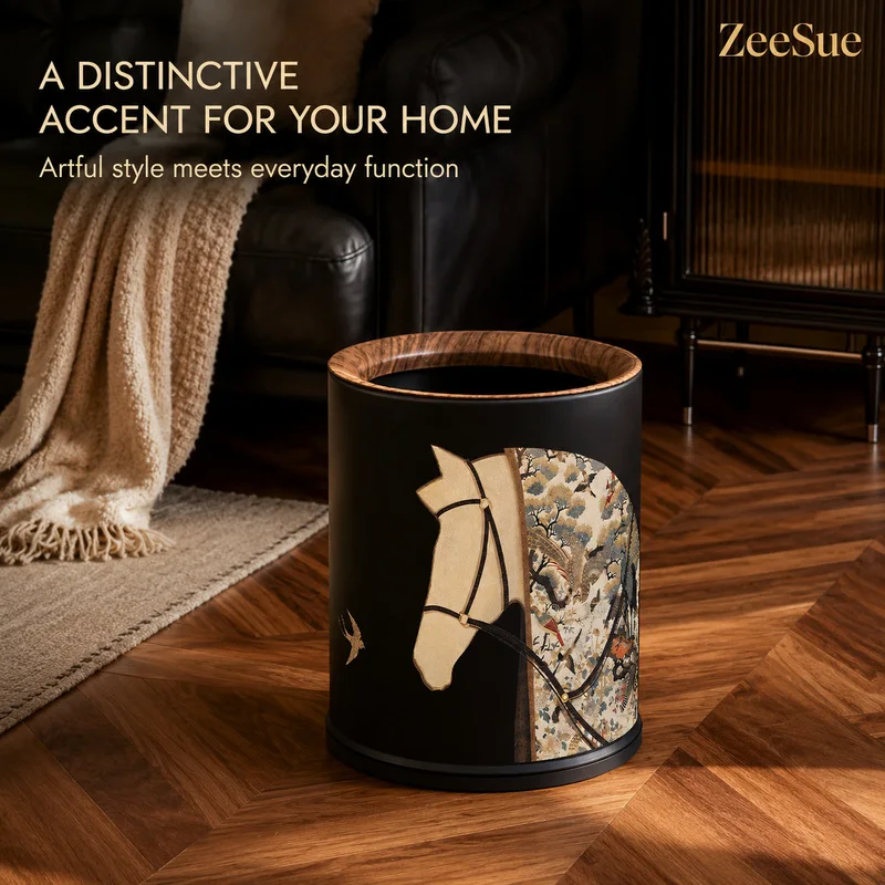 Decorative Round Metal Trash Can with Removable Inner Liner, Walnut-Look Rim for Living Room, Office and Bedroom