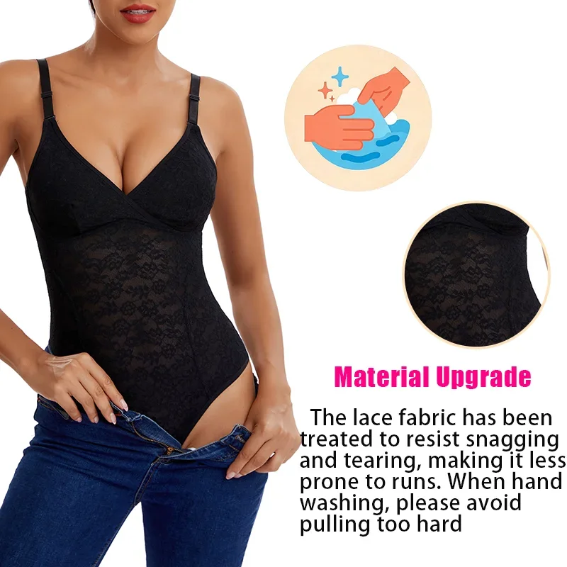 V-Neck Lace Thong Bodysuit Women Sexy Shapewear Top Tummy Control Waist Trainer Body Shaper Removable Chest Pad Slimming Corset