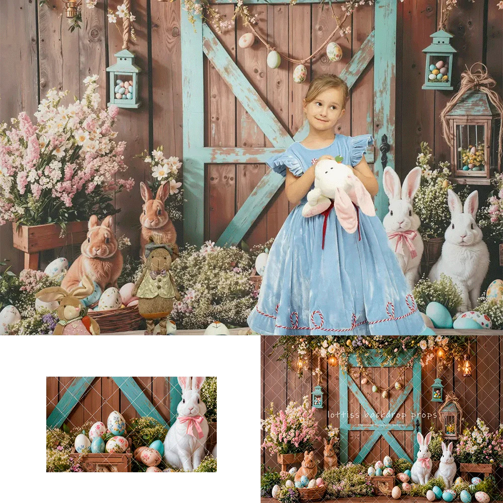 

Easter Bunny Barn Door Floral Backdrops Kids Baby Birthday Cake Smash Photography Festival Chicken Eggs Backgrounds