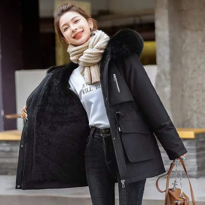 冬のジャケットコート女性ルーズカジュアルオールマッチ厚いフード付き毛皮の襟ダウン綿パッド入りジャケット女性暖かいパーカー生き抜く