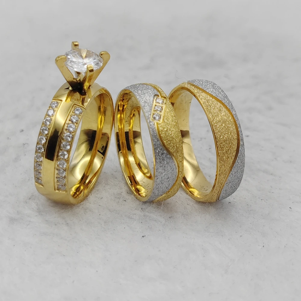 3pcs Golden Frosted Jewelry Manufacturers Wedding Proposalss 316L Stainless Steel Ring 14k Gold Plated Promise Statement Rings