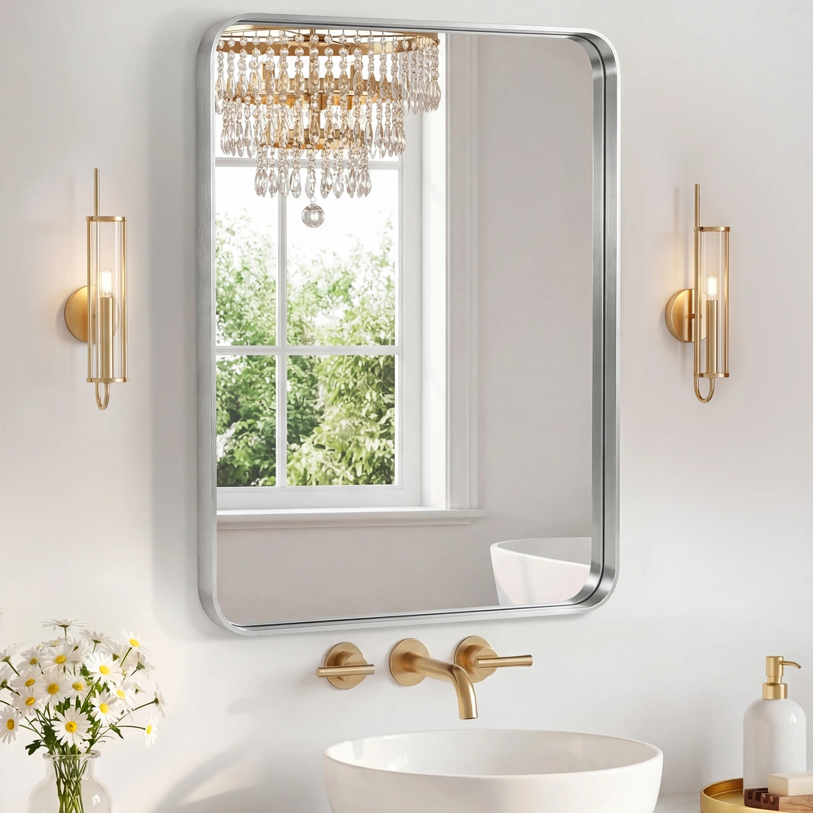 

Bathroom Mirror 23.62X29.92 Inch Black Metal Frame Rectangle Vanity Mirror with Rounded Corners, Modern Wall Mounted Anti-Rust Mirror for Farmhouse, Restroom, Entryway, Horizontal or Vertical Hanging