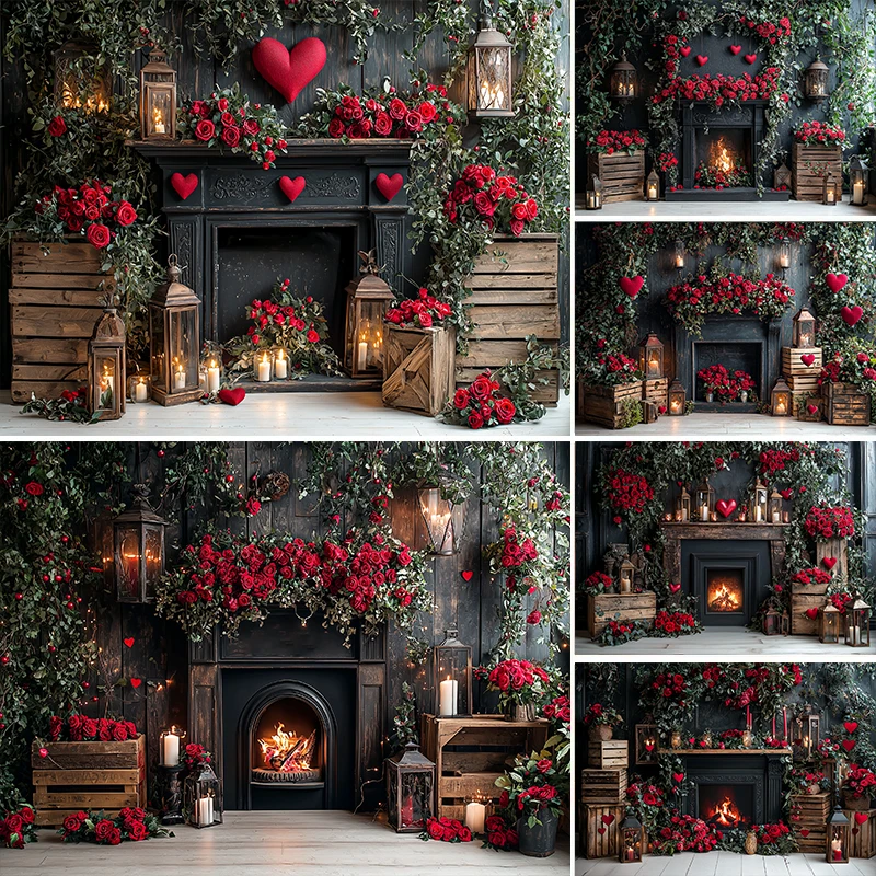 

2026 Valentine's Day Photography Background Black Fireplace Red Roses Love Heart Decor Adult Art Portrait Photo Backdrop Studio