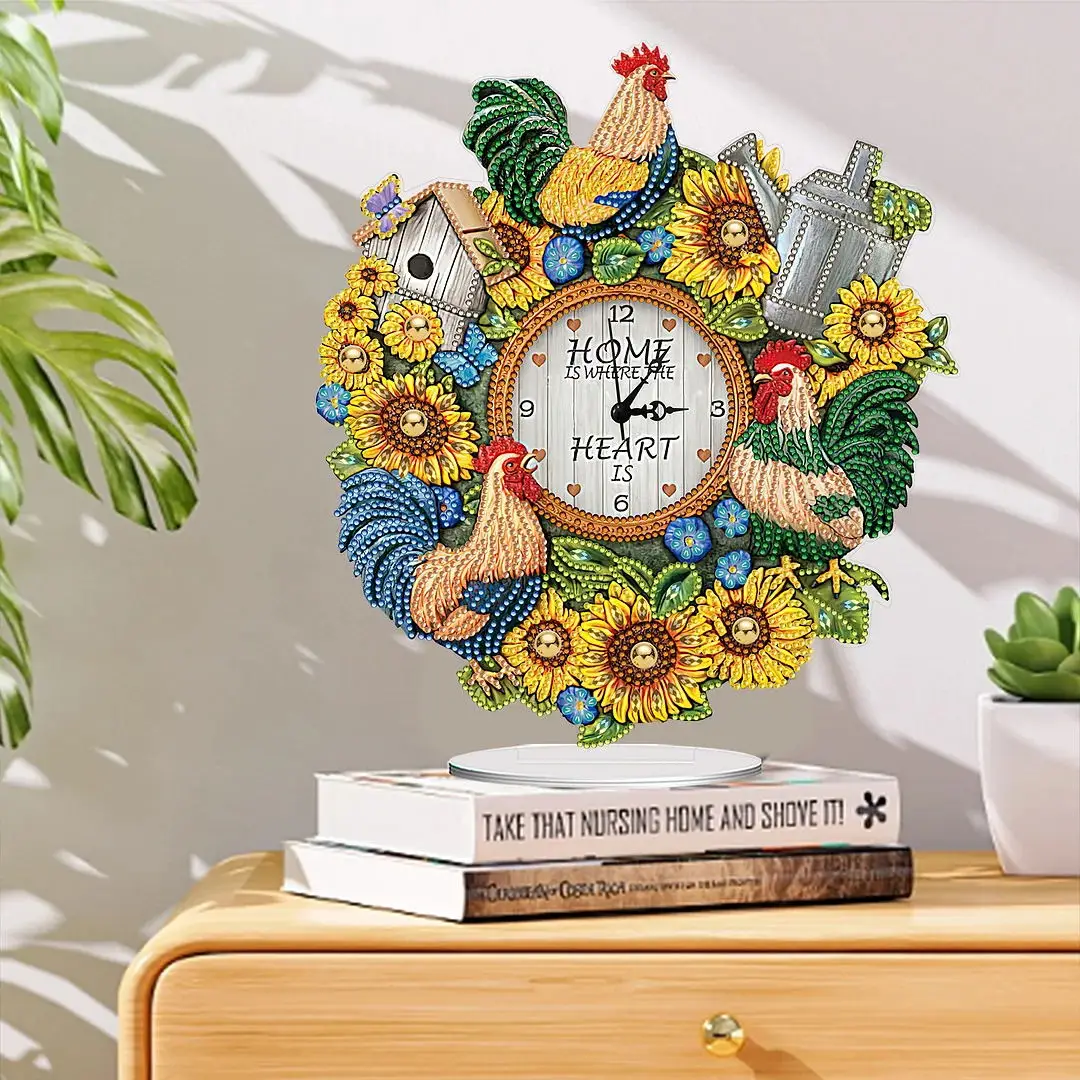 HOMFUN 5D DIY Special Shape Diamond Painting Desk Ornament Crystal Handmade Clock Kit Sunflower Rooster Embroidery Home Decor - view 2
