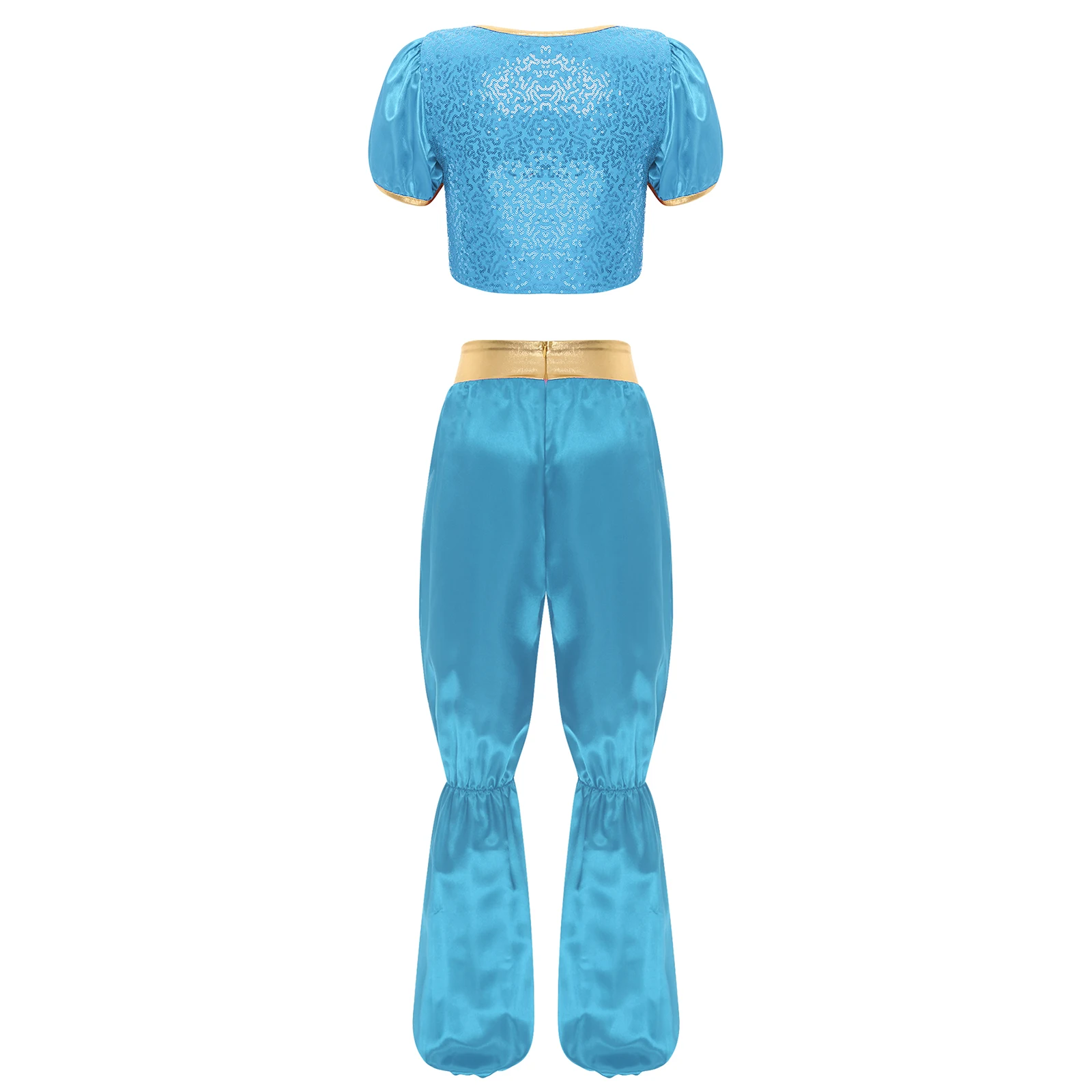 Women Arabian Arab Princess Costume Belly Dance Outfit Cosplay Halloween Party Sequins Top + Pants for Dance Performance Suit