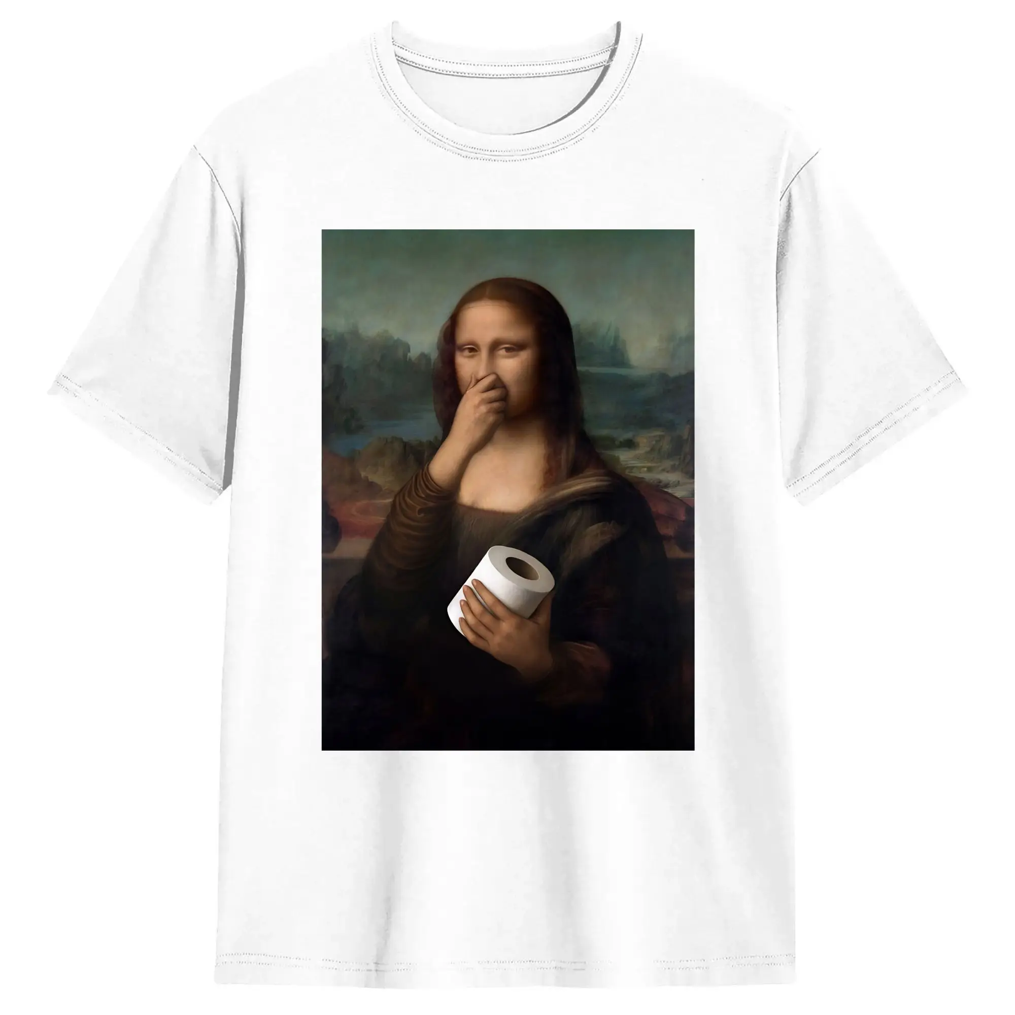 Mona Lisa Bathroom  Cotton T Shirt For Man Beach  Vintage T Shirts Harajuku Tees Oversized Casual Clothes