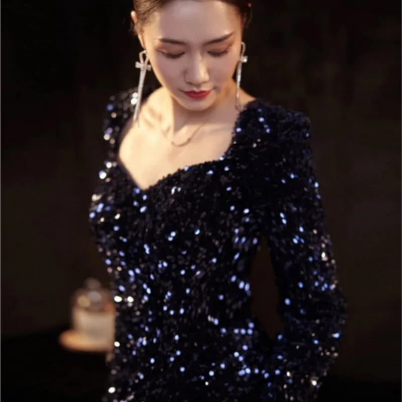 Long sleeve sequins light luxury niche temperament fishtail banquet host dress