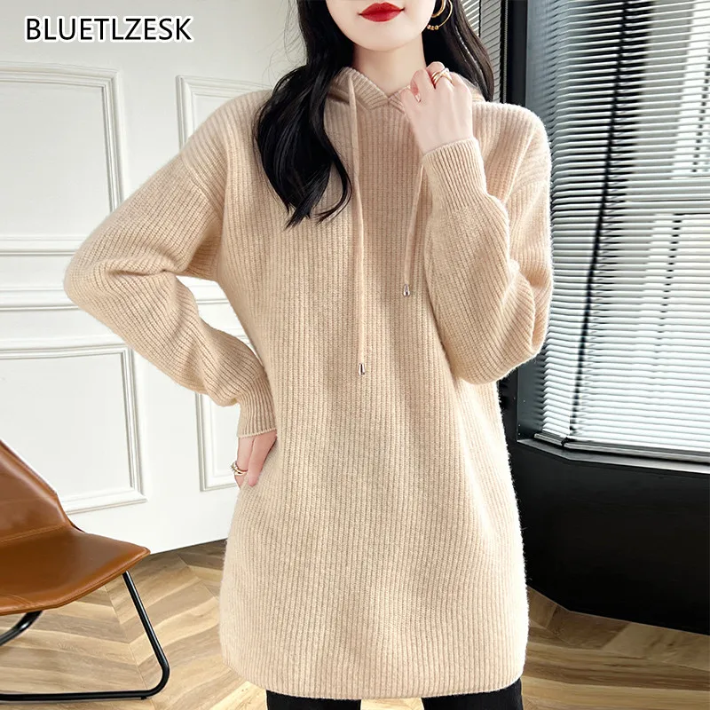 

100% Wool Cashmere Sweater Autumn Winter New Pullover Women's Hooded Collar Mid To Long Length Top Large Size Knit Sweater Jacke