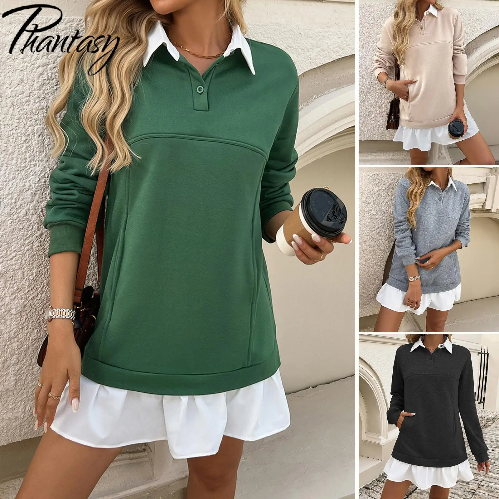 

Phantasy Womens Dresses Autumn 2024 Casual Long Sleeve Sweatshirt Pullover Mini Dress Sporty Loose Dress Polo Collar Streetwear