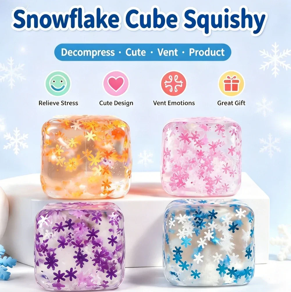 Viral Ice Cube Maltose Squishy Fidget Toy, Transparent Snowflake Square Slow Rebound Stress Relief Vent Squeeze Toy, Cute Desktop Decompression Gift for Adults Teens