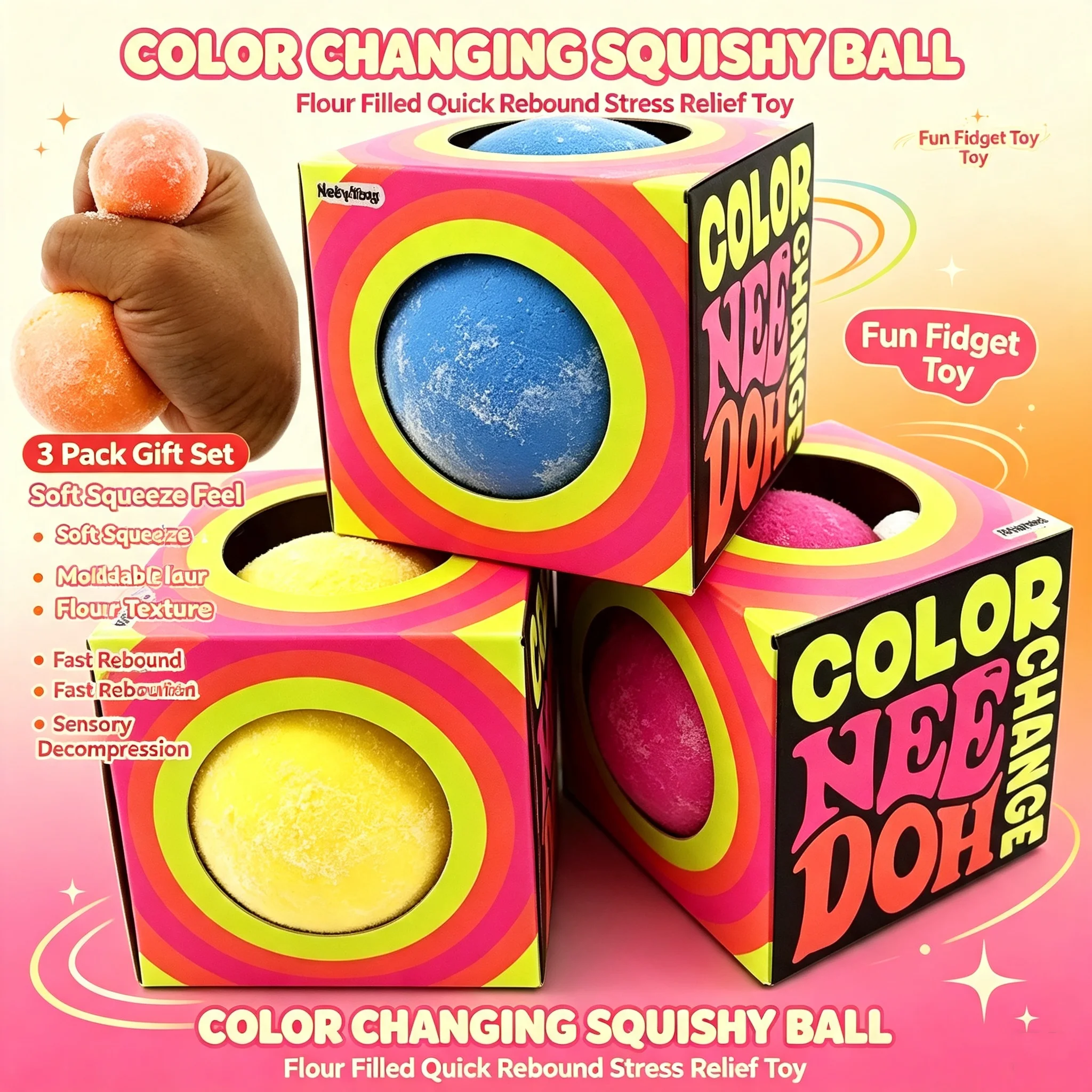 Schylling Needoh Extrude Fidget Squishy Toy Color Change Sensory Stress Relief Ball for Anxiety Relief Gift with Bind Box