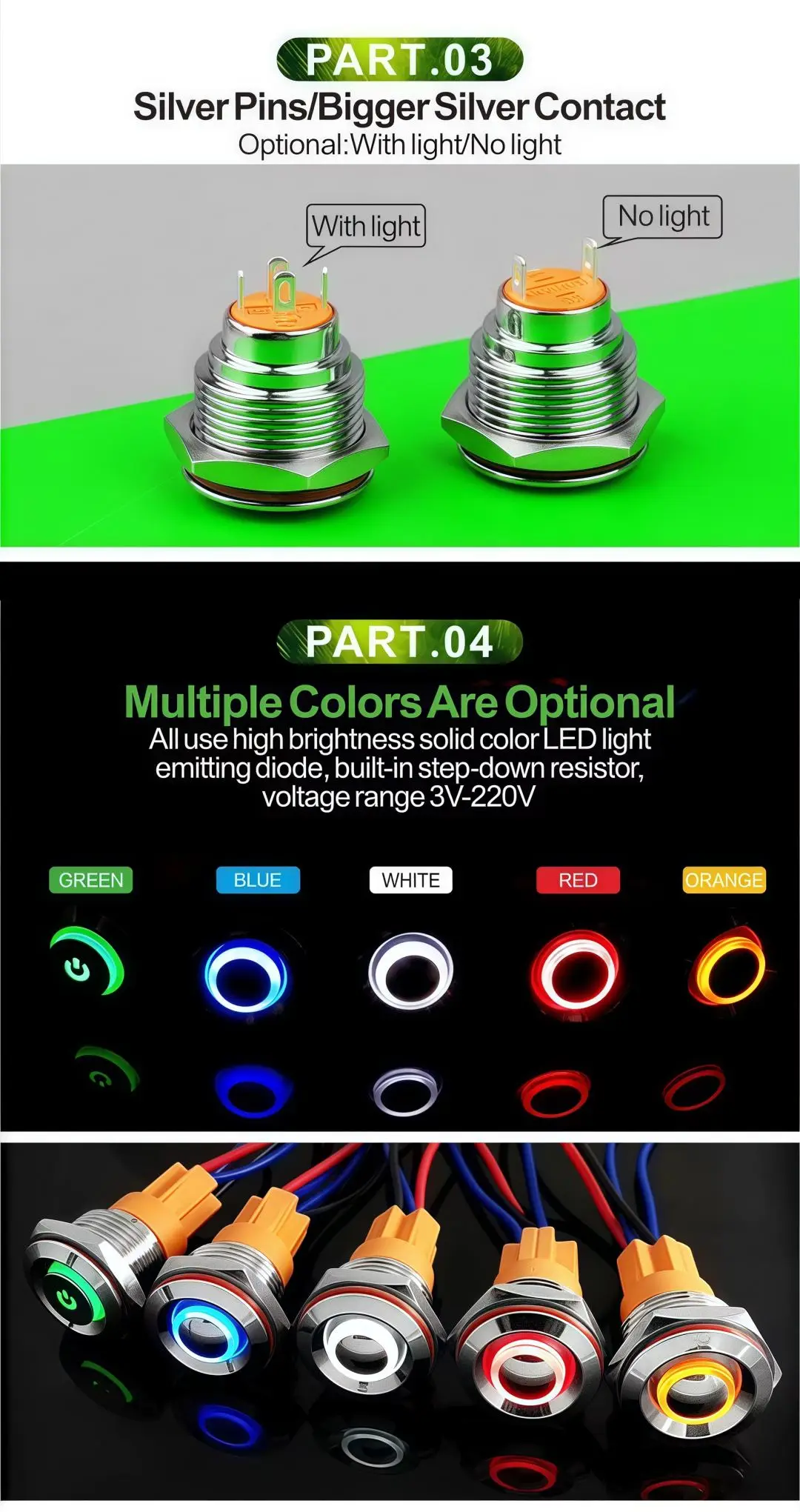 LANBOO 16 mm rot grün blau LED selbstsichernder Reset 1NO-Knopfschalter mit Metall-Signallampe – Detail 7