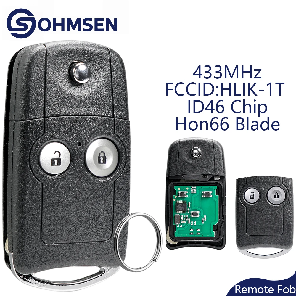 

OHMSEN Remote Flip Car Key Fob For Honda 2 Button 433MHz ID46 Chip HLIK-1T Civic CR-V CRV Jazz CRZ