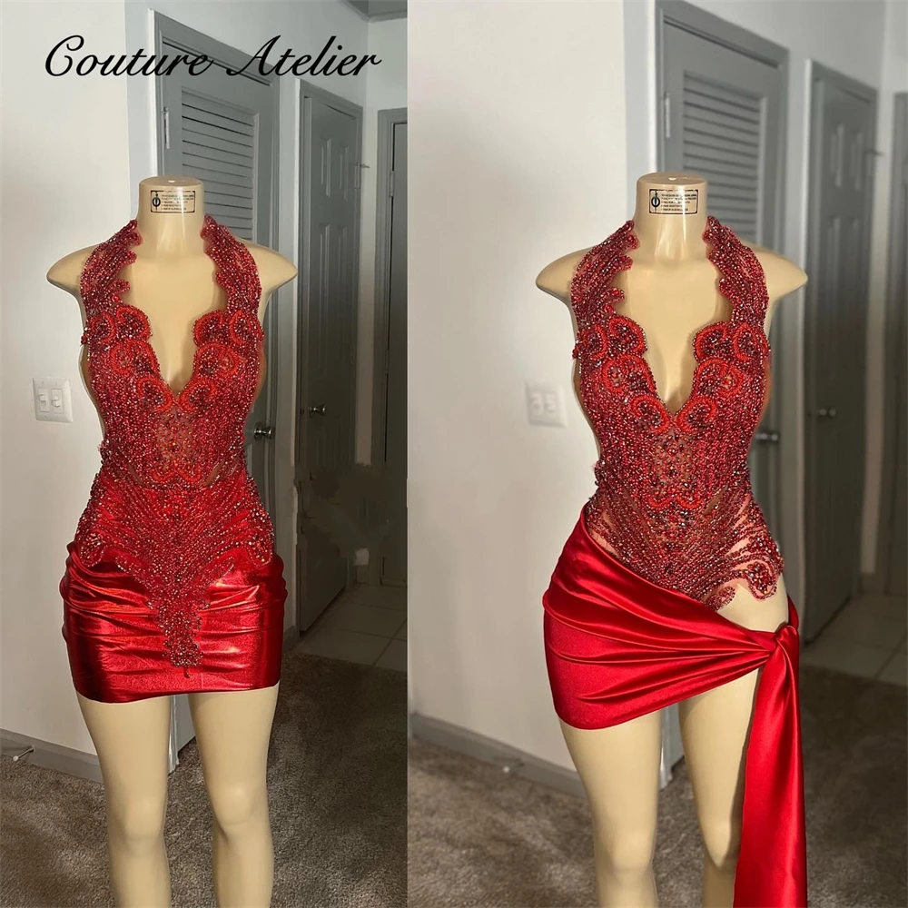 Gala Red Diamond Beading Short Prom Dresses 2024 Halter Luxury Rhinestone Crystal Birthday Party Gowns Mini Cocktail Robe De Bal