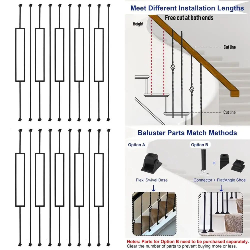 

10-Pack Square Hollow Iron Balusters for Staircase with 1/2 Diameter and Swivel Shoes
