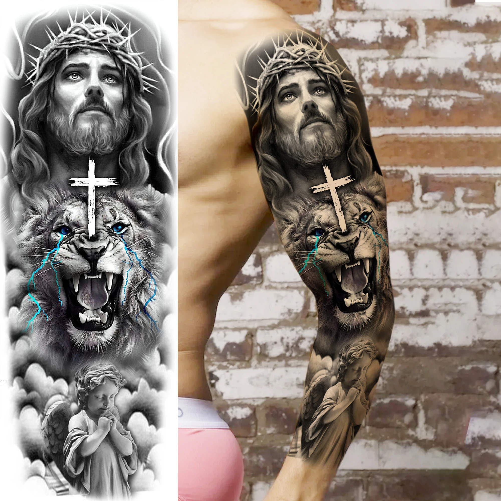 1 Sheet Long Size Zeus Jesus Full Arm Temporary Tattoos For Men Women Waterproof Realistic Fake Tattoo Sleeve Leg Tatoo Stickers