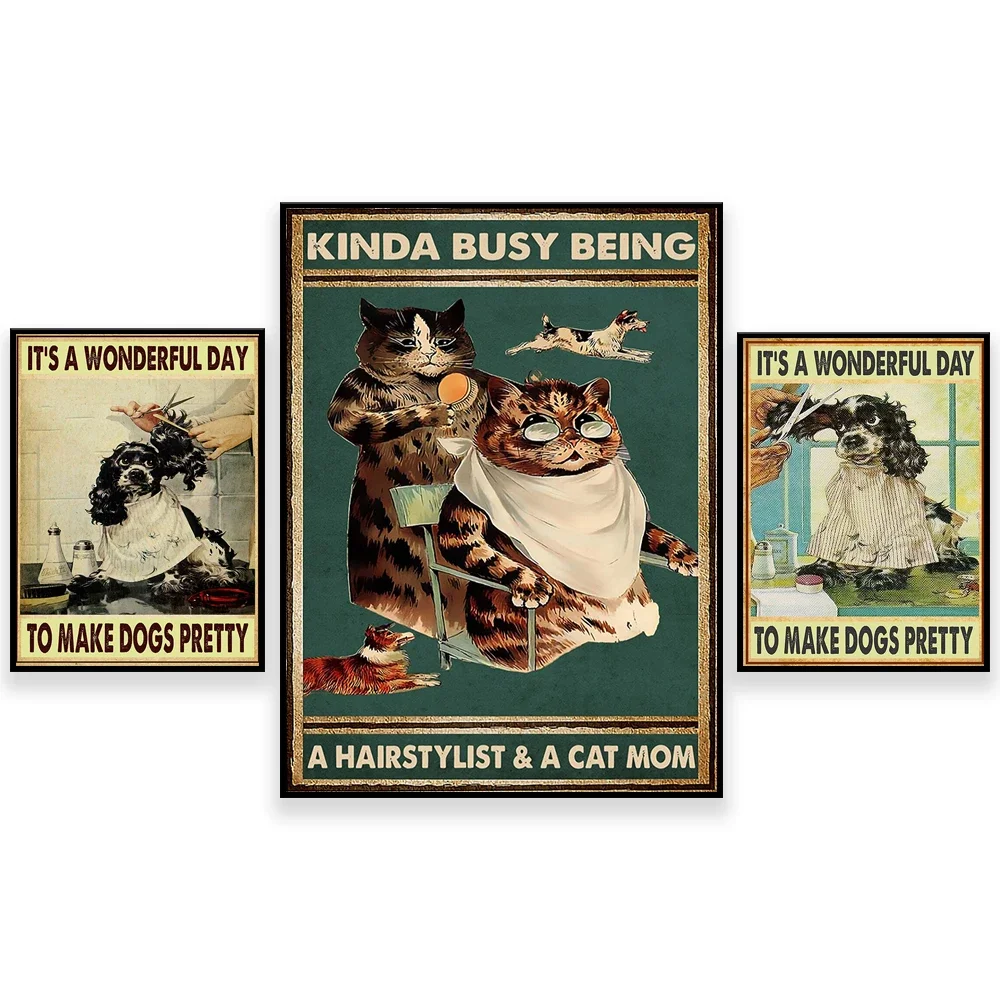 It's a good day to make dogs beautiful , funny dog groomer retro poster, grooming spa decor, cat dog hairdresser poster