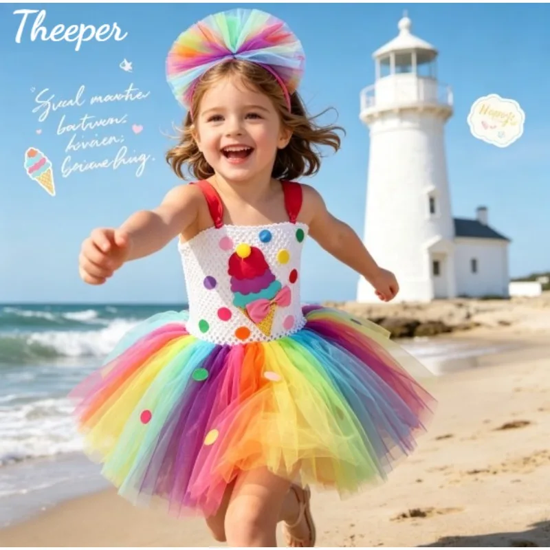 Theeper Colorful Rainbow Ice Cream Tutu Dress Layered Mesh Skirt Sweet Princess Outfit Carnival Holiday Festive Party Costume